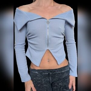 Powder Blue Ribbed Knit Top with Butterfly Zipper